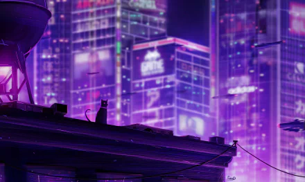 Anime-style cityscape with glowing purple lights and tall buildings in the background, featuring a cat sitting on a rooftop. HD desktop wallpaper and background.