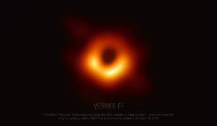 HD desktop wallpaper featuring the first image of the black hole in Messier 87, captured by the Event Horizon Telescope. Sci-Fi inspired space theme.