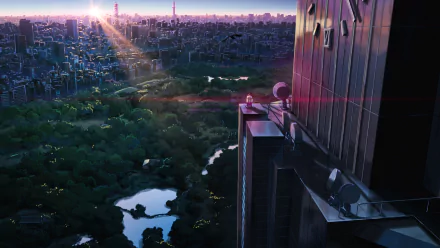 A stunning 8K Ultra HD anime wallpaper from The Garden Of Words showcasing a cityscape at sunset with lush greenery and sunlight streaming over tall buildings.