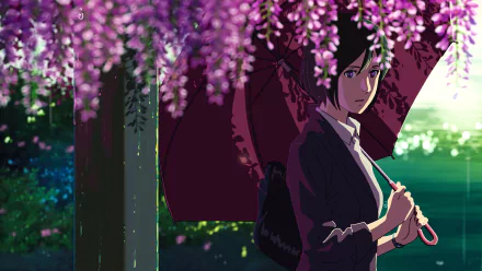 A serene anime scene from The Garden of Words serves as an HD desktop wallpaper, featuring a character holding an umbrella amidst a background of purple blossoms and lush greenery.
