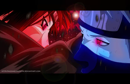 A dramatic HD wallpaper featuring Itachi Uchiha and Kakashi Hatake from the anime Naruto, capturing an intense confrontation with vivid red and blue tones.