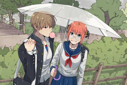 Kagura and Okita Sougo from Gintama share an umbrella in the rain, captured in a vibrant anime HD desktop wallpaper background.