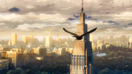 Anime 8K Ultra HD PC desktop wallpaper and background of The Garden of Words: golden city skyline at dusk, a tall skyscraper with a bird perched on its peak.
