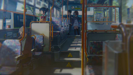 HD desktop wallpaper featuring a scene from Your Name anime, depicting characters on a bus.