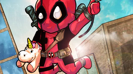 Chibi comic-style Deadpool leaping with katanas and clutching a unicorn plush against a bright city sky — 4K Ultra HD PC desktop wallpaper.