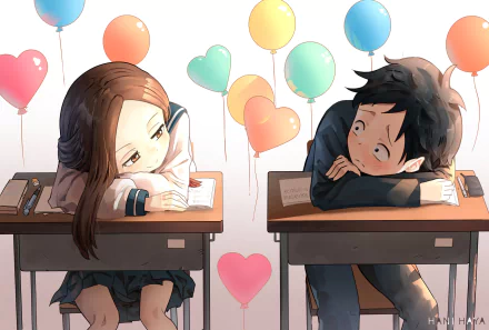 HD anime desktop wallpaper featuring Nishikata and Takagi from Teasing Master Takagi-san, sitting at desks with colorful heart-shaped balloons floating behind them.