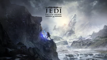 HD wallpaper featuring Cal Kestis wielding a lightsaber, overlooking a crashed Star Destroyer amidst a rugged landscape from the video game Star Wars Jedi: Fallen Order.