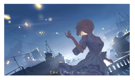 Original anime night port: a girl in a dress reaching toward glowing lights among moored ships — 4K Ultra HD PC desktop wallpaper/background