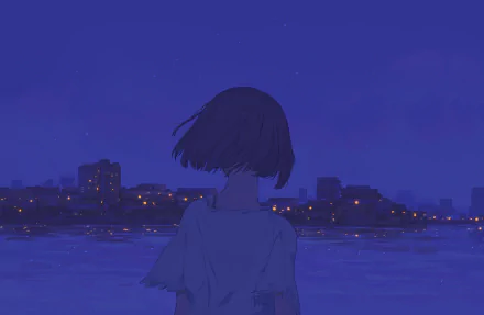 A short-haired girl with brown hair gazes at a city illuminated by lights at dusk, captured in a serene anime style. This HD wallpaper sets a tranquil urban backdrop.