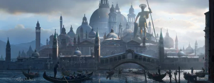 HD PC desktop wallpaper featuring a fantasy cityscape with domed buildings, a large statue, gondolas on the water, and a serene, misty atmosphere.