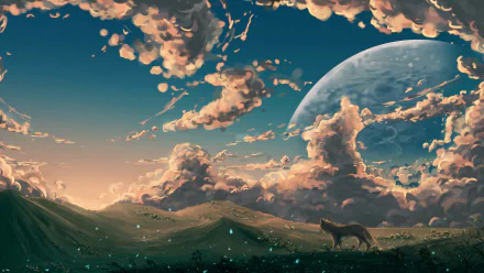 HD anime original desktop wallpaper featuring a serene landscape with rolling hills, a large planet in the sky, vibrant clouds, and a lone wolf under a glowing sunset.