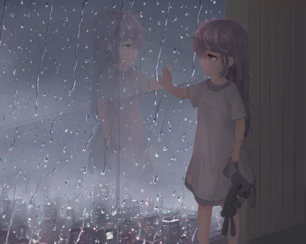 Anime-style HD desktop wallpaper of a girl in a nightgown holding a teddy bear, touching a rain-covered window with a cityscape blurred in the background.