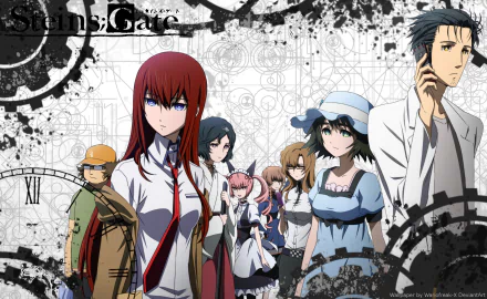 Steins;Gate 0 anime HD desktop wallpaper featuring Rintaro Okabe, Kurisu Makise, Mayuri Shiina, Suzuha Amane and Luka Urushibara with mechanical gears and schematic background.