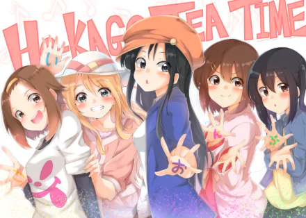 HD anime desktop wallpaper featuring Azusa Nakano, Yui Hirasawa, Mio Akiyama, Tsumugi Kotobuki, and Ritsu Tainaka from K-ON! in vibrant, casual outfits.