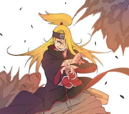HD anime wallpaper featuring Deidara from Naruto in Akatsuki attire, striking a dynamic pose with clay birds in the background.
