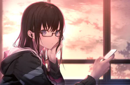 An anime girl with glasses, wearing a jacket, sits by a window, holding a phone. The background features a serene sunset sky. HD desktop wallpaper.