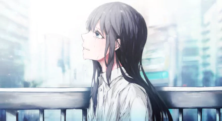 Anime-style original character with long dark hair gazes thoughtfully while sitting by a window, captured in a detailed 4K Ultra HD PC desktop wallpaper.