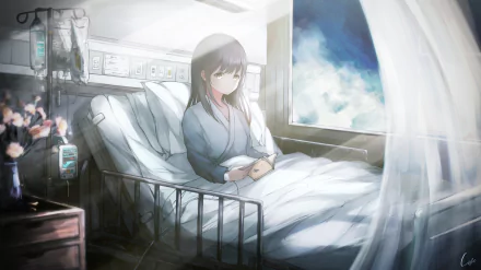 Anime original 4K Ultra HD PC desktop wallpaper and background: serene scene of a young woman resting in a hospital bed by a bright window showing blue sky, soft light and an IV stand.