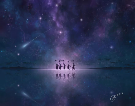 Anime-style night scene with silhouetted figures under a starry, purple-hued sky, reflected in calm water. HD PC desktop wallpaper with original art.