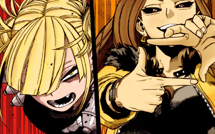 HD PC desktop wallpaper featuring Himiko Toga and Chitose Kizuki (anime, My Hero Academia) in a split-panel close-up: Toga snarling and Chitose smirking against vivid red‑gold tones.