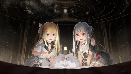 Anime-inspired HD wallpaper featuring two girls with twintails and long hair, one with blue eyes and the other with red. They are surrounded by a cosmic backdrop with planets.