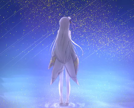 HD PC desktop wallpaper featuring Emilia from the anime Re:Zero - Starting Life in Another World, standing against a starry, glowing blue background.