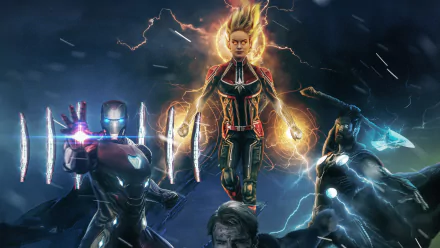 HD PC desktop wallpaper featuring Marvel Avengers characters Iron Man, Captain Marvel, Thor with Stormbreaker, Captain America, and other heroes from Avengers Endgame.