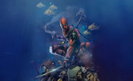 Comic-style Deadpool underwater, perched on a pile of skulls wielding swords as fish swim around — 2K Quad HD PC desktop wallpaper and background.