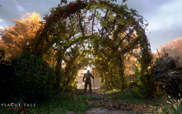 HD wallpaper from A Plague Tale: Innocence featuring a character under a vine-covered archway with sunlight filtering through.