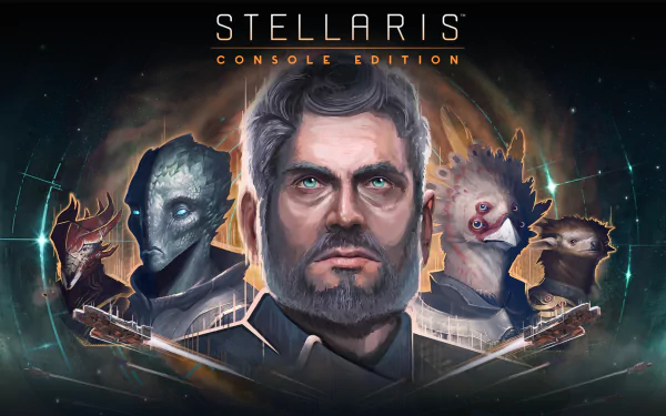 A stunning HD desktop wallpaper featuring characters from Stellaris: Console Edition, showcasing a mix of human and alien figures set against a cosmic background.
