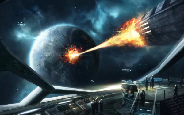 Stellaris-themed HD desktop wallpaper with a spaceship attacking a planet, viewed from a space station's deck.