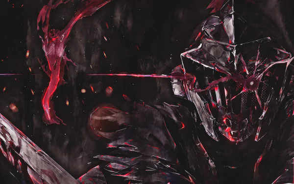 HD wallpaper and background featuring a dynamic anime artwork from Goblin Slayer, depicting a dark and intense scene with the main character in battle gear, surrounded by shadows and red accents.