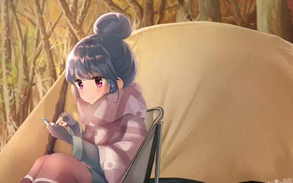 HD anime desktop wallpaper featuring Rin Shima from Laid-Back Camp, sitting outdoors in front of a tent surrounded by autumn foliage.