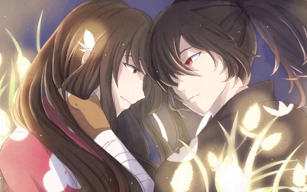 HD PC wallpaper featuring Mio and Hyakkimaru from the anime Dororo, depicted with soft lighting and glowing petals in a close, intense moment.