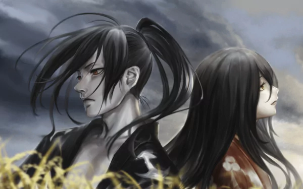 HD anime wallpaper featuring Mio and Hyakkimaru from Dororo, set against a moody, cloudy sky background.
