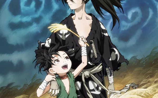 HD anime wallpaper featuring Dororo and Hyakkimaru from the series Dororo, showcasing dynamic character poses and a dramatic, swirling blue sky background.