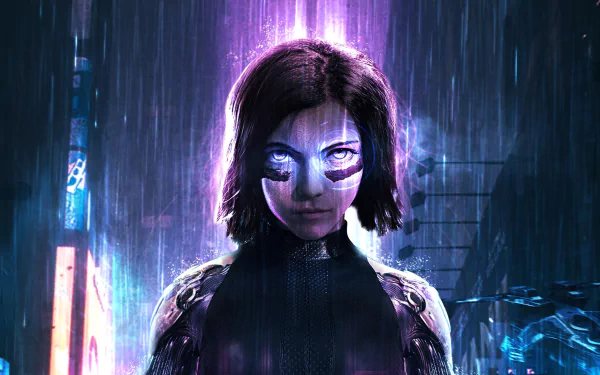 HD PC desktop wallpaper featuring Alita from the movie Alita: Battle Angel, portrayed with glowing eyes and futuristic cybernetic details in a rainy, neon-lit setting.