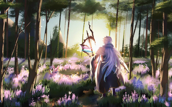 HD anime desktop wallpaper featuring Merlin from Fate/Grand Order standing in a sunlit forest filled with blooming purple flowers, captured in a vibrant Fate series style.