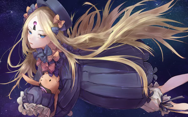 HD PC desktop wallpaper featuring Abigail Williams as Foreigner from the anime Fate/Grand Order, showcasing her flowing blonde hair and detailed dark outfit against a starry background.