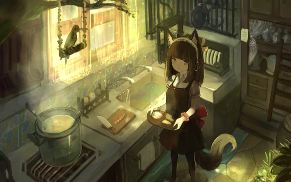 Anime girl with brown hair, brown eyes, and pointed ears, holding a tray in a cozy kitchen as a bird perches by the window. HD desktop wallpaper.
