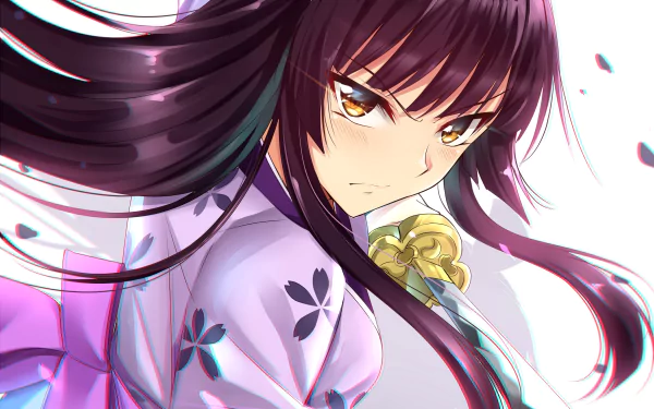 Kagura Mikazuchi from Fairy Tail in dynamic pose with flowing dark hair, wearing a purple floral outfit, featured in an HD anime desktop wallpaper background.
