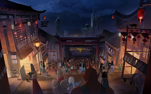 Anime-style night festival scene in a town, showcasing vibrant lanterns and crowds under a dark sky, rendered in stunning 4K Ultra HD for a PC desktop wallpaper.
