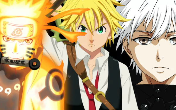 HD anime crossover wallpaper featuring Sage of Six Paths Naruto Uzumaki, blonde Meliodas from The Seven Deadly Sins, and white-haired Ken Kaneki from Tokyo Ghoul.