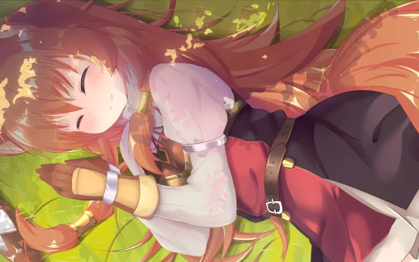 HD wallpaper featuring Raphtalia from The Rising of the Shield Hero anime, resting peacefully on a grassy background.