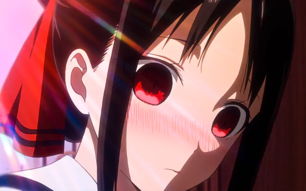 HD desktop wallpaper featuring Kaguya Shinomiya from the anime Kaguya-sama: Love is War, with a close-up of her blushing face.