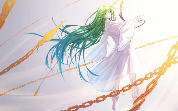 HD PC desktop wallpaper featuring Enkidu from the anime Fate/Grand Order, depicted with flowing green hair and golden chains against a light background.