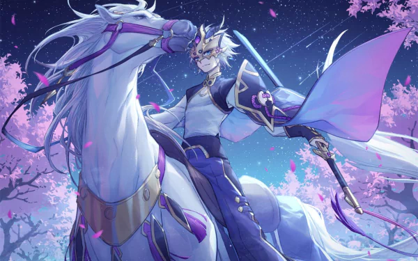 Lanling Wang from Fate/Grand Order in detailed anime style, riding a white horse under a starry sky with cherry blossoms, featured as an HD PC desktop wallpaper.