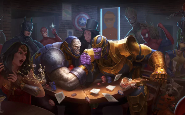 HD comic crossover wallpaper featuring various superheroes and villains in a bar, arm wrestling and socializing.