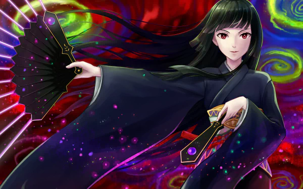 HD desktop wallpaper featuring Glass from The Rising of the Shield Hero anime. She has striking red eyes and is depicted holding a fan, set against a vibrant, swirling background.