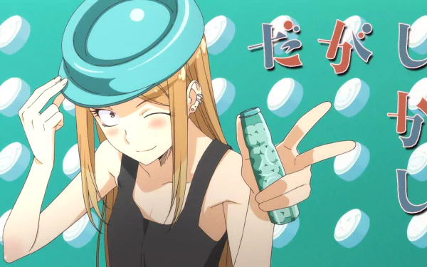 HD anime desktop wallpaper featuring a smiling character from Dagashi Kashi holding a blue plate and a bottle, set against a turquoise background with bubbles and Japanese text.